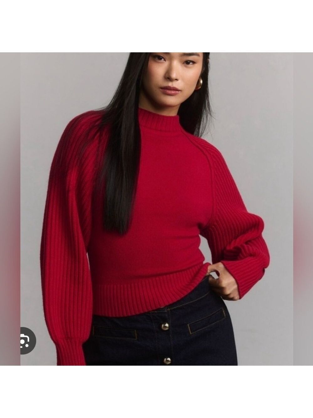 Anthropologie Maeve Ragland Ribbed Sleeve Red Mockneck Sweater Size L